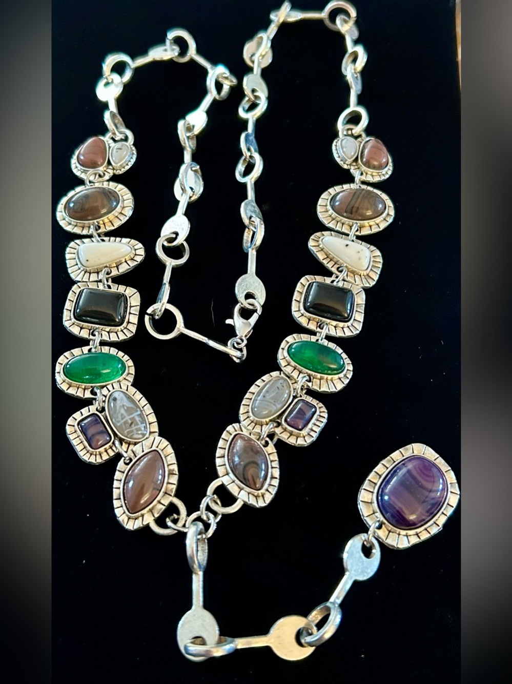 Multistone Silver-Tone Women’s Necklace with Green, Purple and Black Cabochons